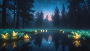 Night Forest Lake Fern Reflection Star photo