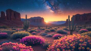 A desert scene with cactus flowers and mountains photo