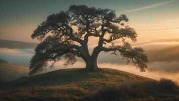 Tree on Hill in Foggy Landscape photo