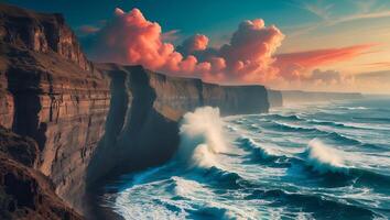 Cliff and Ocean Wave at Sunset photo