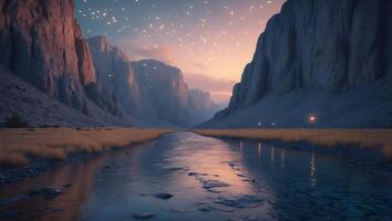 Mountain Landscape with River and Starry Sky photo