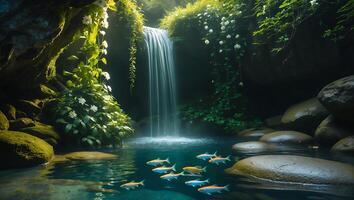 Waterfall and Fish in Lush Forest Pond photo