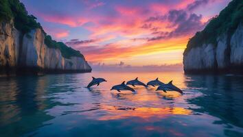 Dolphin Jumping in Ocean at Sunset photo