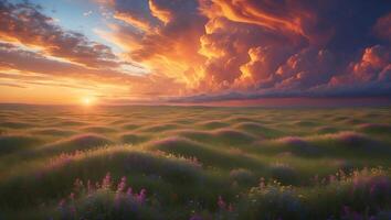 Field of Flowers Under a Fiery Sunset Sky photo