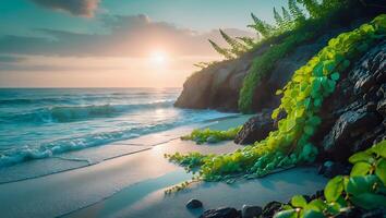 Ocean Wave at Sandy Beach with Sunlit Rock Formation and Greenery photo
