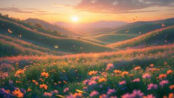 A beautiful sunset over a field of flowers photo