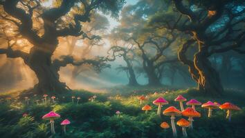 Mushroom Field in Foggy Forest with Sun Rays photo