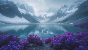Mountain Lake with Purple Flowers on a Foggy Day photo