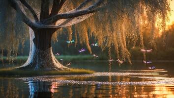 Willow Tree with Dragonflies Flying Over Water photo