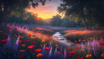 Flower Field at Sunset with Stream Landscape photo