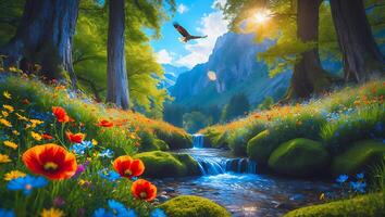 Scenic Mountain Landscape with River and Flying Eagle photo