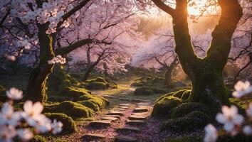 Cherry Blossom Tree in Garden with Stone Path photo
