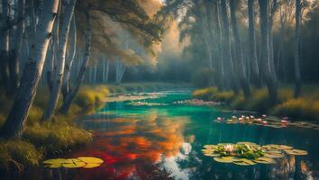 River with Lily Pads and Birch Trees photo