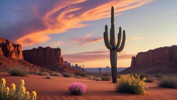 Desert Landscape with Cactus Under Sunset Sky photo