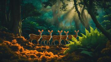 Deer in Forest - Sunlit Woodland Scene photo