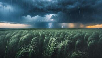 Grass Field Under Dark Storm Clouds and Lightning photo