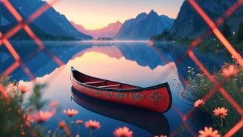 Red Canoe on Calm Lake at Sunset with Mountain Views photo