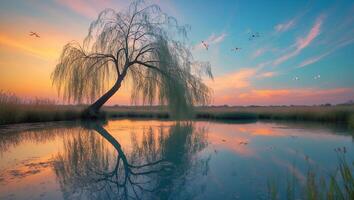 Willow Tree by a Pond at Sunset photo