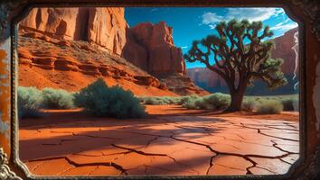 Desert Landscape with Rock Formation and Tree photo