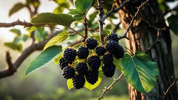 Blackberry on Branch with Leaves photo