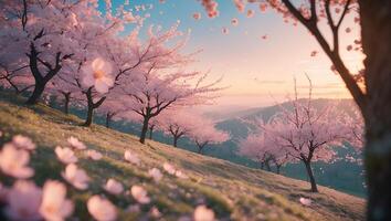 Cherry Blossom Tree in Spring Bloom on a Hillside photo