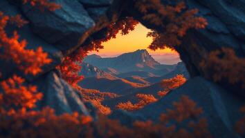 Mountain Landscape with Autumn Leaves and Sunset photo