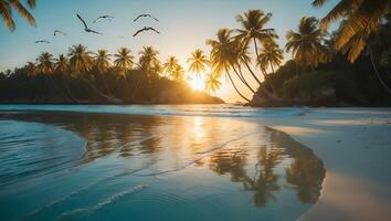 Tropical Beach at Sunset with Palm Trees and Birds photo
