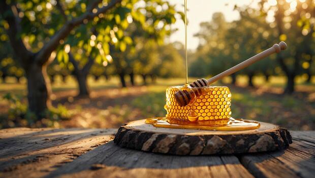 Honeycomb with Dipper on Wooden Slab in Orchard photo