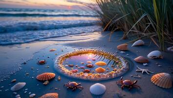 Seashells and Crabs on Beach at Sunset photo