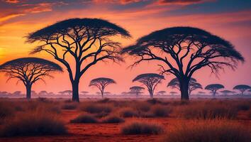 African Landscape with Acacia Trees at Sunset photo