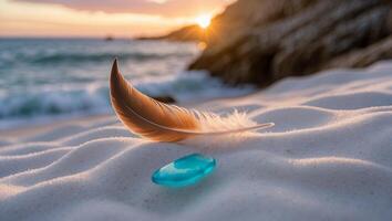 Feather and Glass on Beach at Sunset photo
