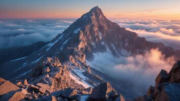 Mountain Peak Above Clouds at Sunrise photo