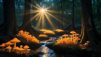 Mushroom and Stream in Forest with Sun Rays photo