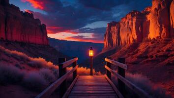 Canyon at Sunset with Bridge and Lamp photo