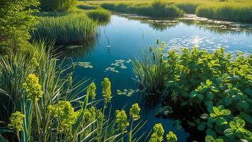 Pond with Lily Pads and Green Plants photo