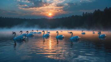 Swans Swimming on Lake at Sunrise photo