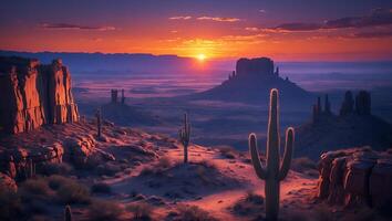 The sun sets over the desert with cactus trees photo