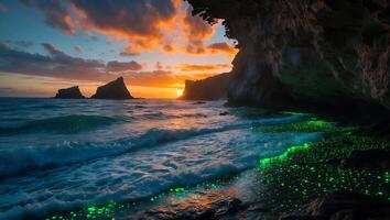 Bioluminescent Beach at Sunset with Cave and Rocks photo