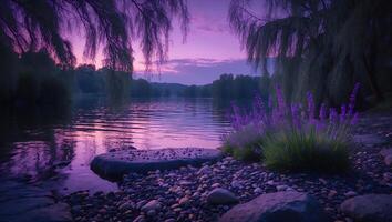 Lavender by Lake at Sunset photo