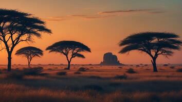 African Landscape at Sunset with Trees and Rock Formation photo