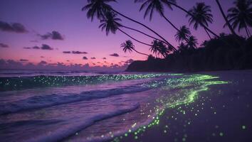 Tropical Beach at Night with Bioluminescent Waves photo