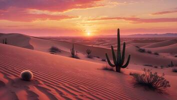 Desert Landscape with Cactus and Sunrise photo