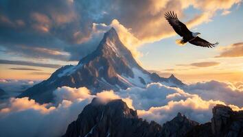 Eagle Flying Over Mountain Peak Above Clouds photo