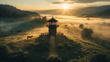 Tower Sunrise Horses in Foggy Landscape photo