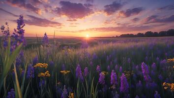 A field of purple flowers at sunset photo