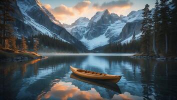 Kayak on Mountain Lake with Reflection at Sunrise photo