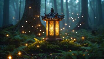 Lantern in Forest with Fairy Lights photo