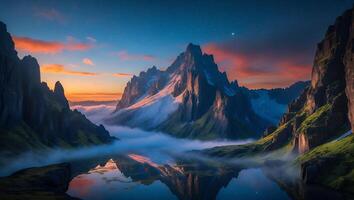 Mountain Peak View at Sunset Reflection in Water photo