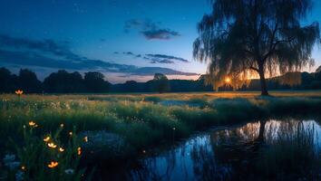 Evening Tree and Meadow Landscape photo
