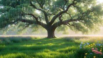 Large Tree in Grassy Field with Flowers photo